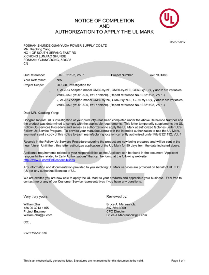 Smart Plotter Third Generation Adapter GM60 UL62368 Confirmation Letter NofA-4787901386 NofA-4787901386