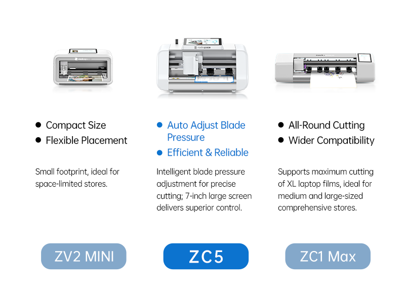 Comparison of rock space MINI ZV2, ZC1 Max and ZC5 screen protector cutting machines